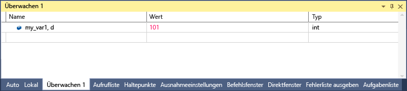 Screenshot of the Visual Studio Watch window with one line that shows my_var1, d with a value of 101 and a type of int.