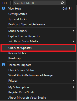 Screenshot des Menüs „Nach Updates suchen“ im Menü „Hilfe“ von Visual Studio