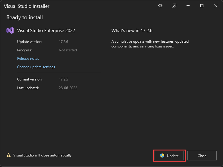 Screenshot des Visual Studio-Installers mit Updates