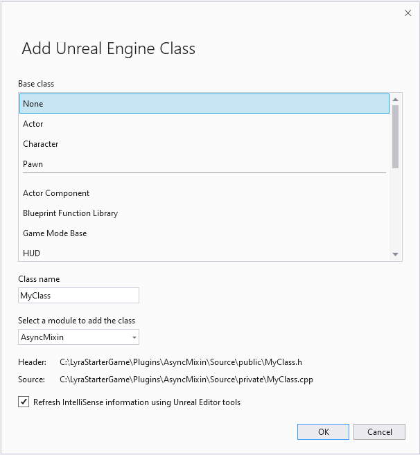 Screenshot des Dialogfensters „Neue Unreal Engine-Klasse hinzufügen“.