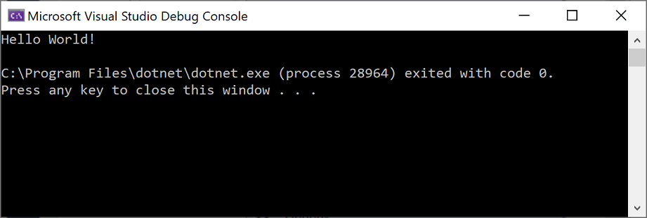 Screenshot: Fenster der Debugging-Konsole in Microsoft Visual Studio mit der Ausgabe „Hello World!“ und „Drücken Sie eine beliebige Taste, um dieses Fenster zu schließen“