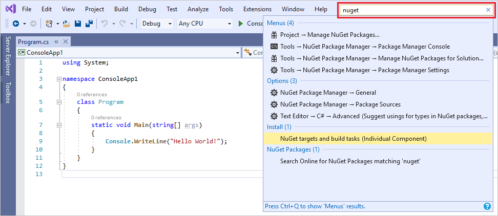 Screenshot: Suchfeld „Schnellstart“ in Visual Studio 2019