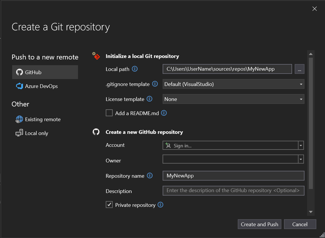 Screenshot: Dialogfeld „Git-Repository erstellen“ in Visual Studio mit hervorgehobener Auswahl von GitHub