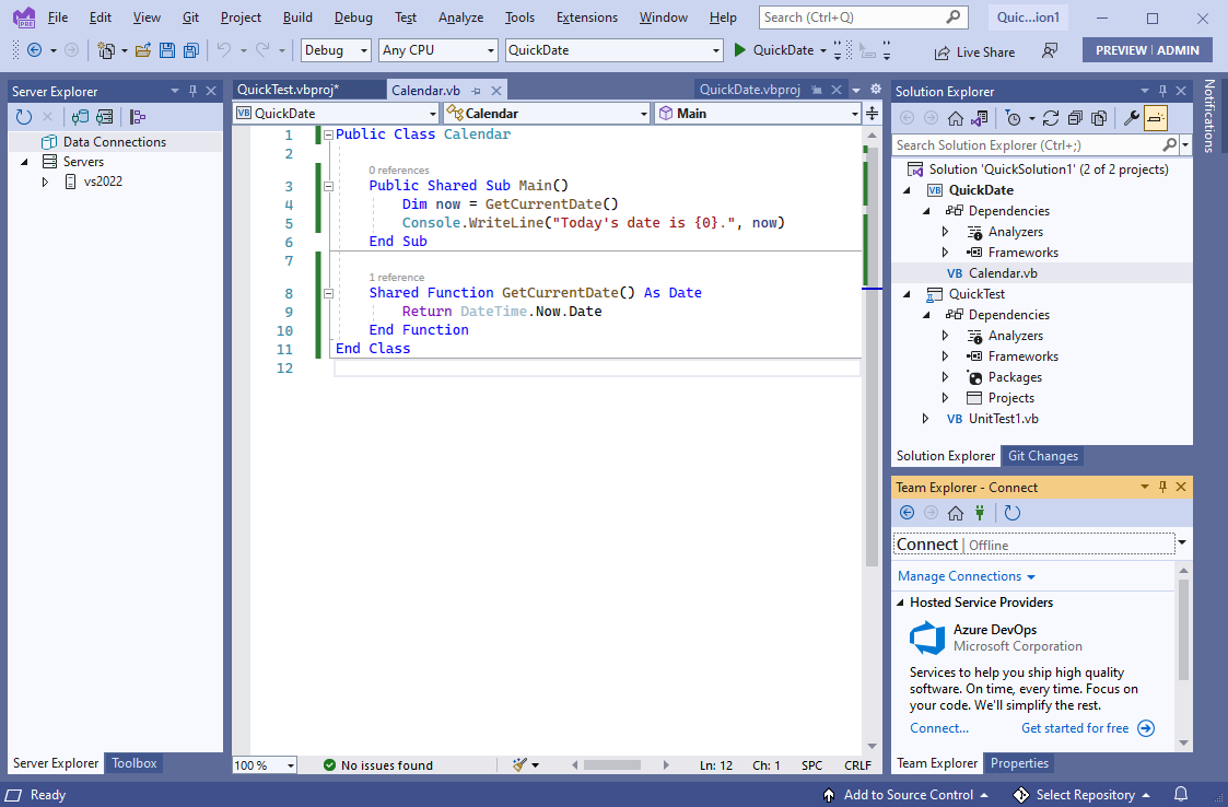 Screenshot: Visual Studio im Design „Blau“