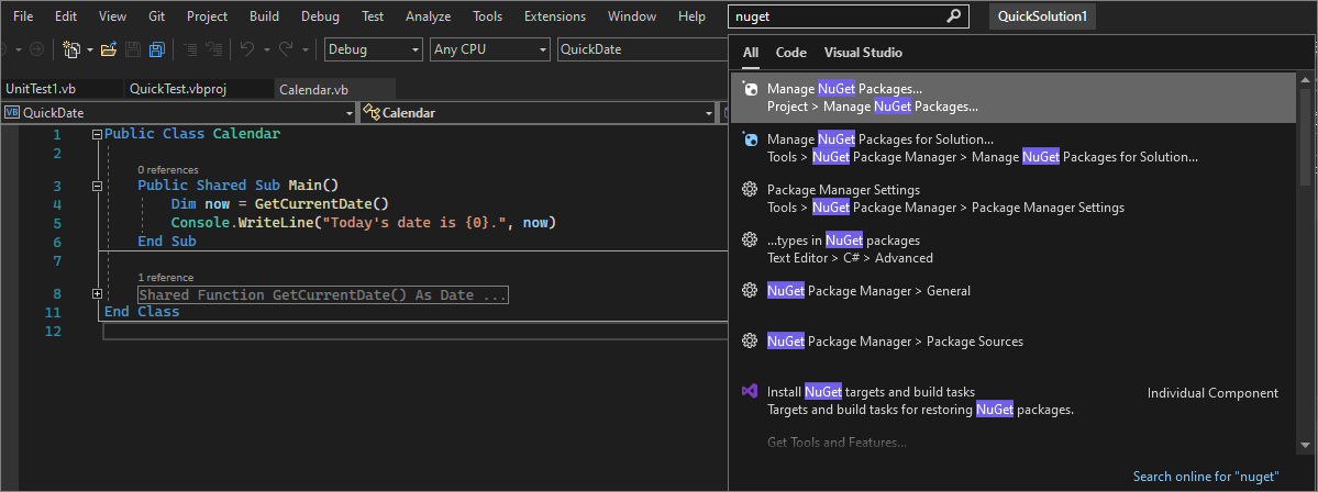 Screenshot: Suchfeld „Schnellstart“ in Visual Studio