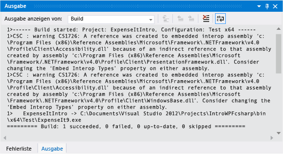 Screenshot of build warning in Output Window for C#.