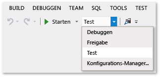 Screenshot of Solution Configurations dropdown list on the Standard toolbar.