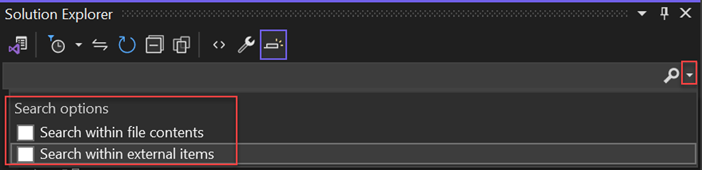 Screenshot der Suchleiste und der Suchoptionen des Projektmappen-Explorers in Visual Studio.