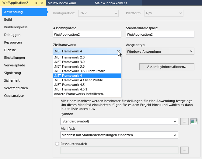 Project properties Application tab