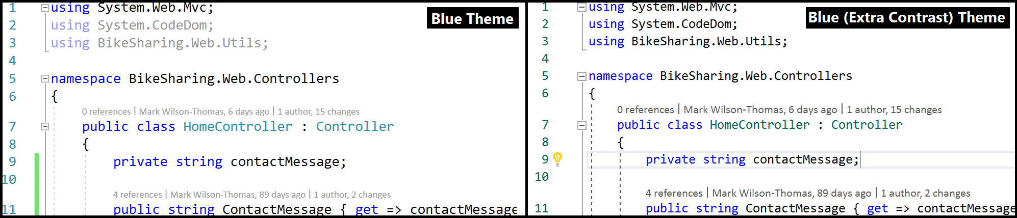 Vergleichen Sie das Design „Blau“ und das Design „Blau (zusätzlicher Kontrast)“.