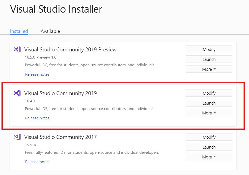 Screenshot der Liste von Installationen von Visual Studio im Visual Studio-Installer