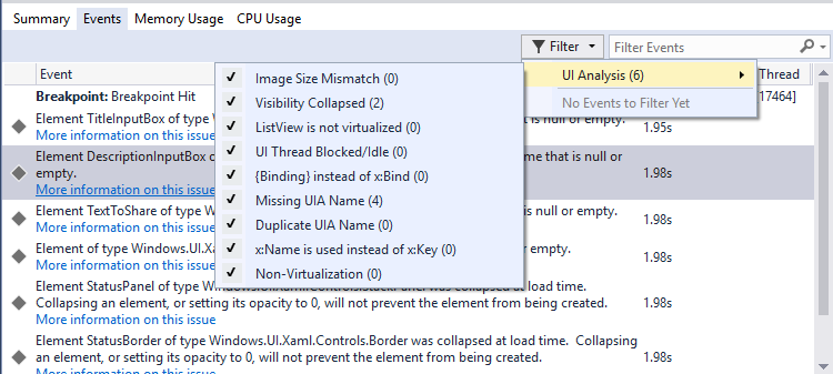 Screenshot des Diagnoseereignisfilters