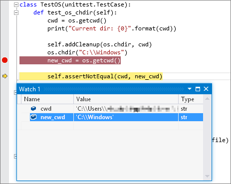 Screenshot, der die Debugausgabe für einen Python-Komponententest in Visual Studio zeigt.