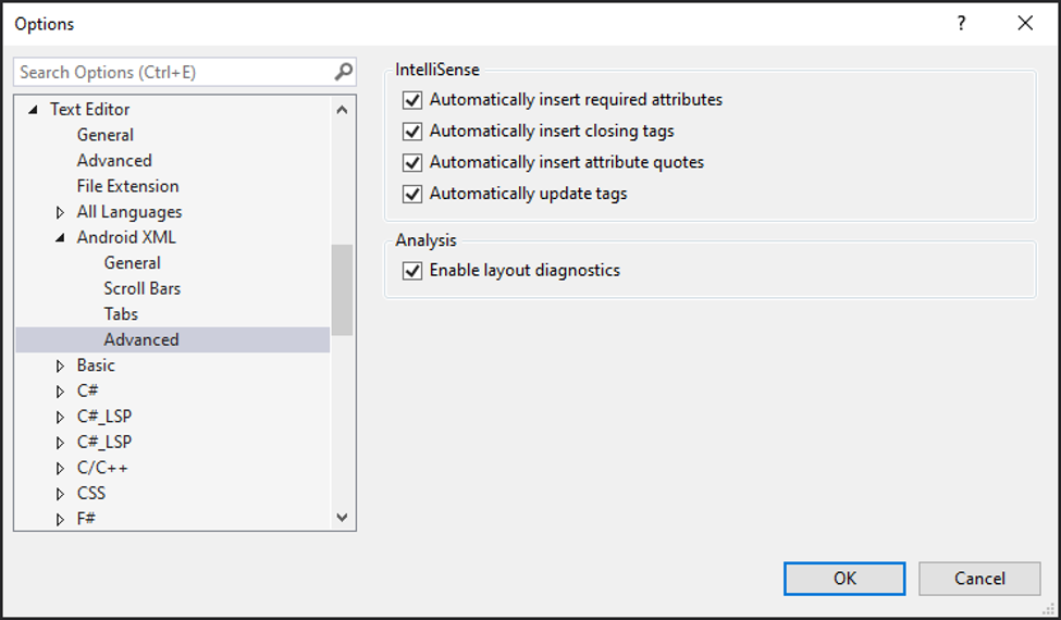 Android XML IntelliSense-Optionen