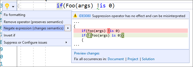 Codefix zum Negieren von Ausdrücken