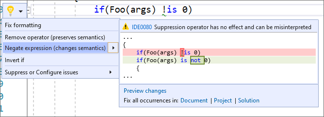 Codefix zum Negieren von Ausdrücken mithilfe des Not-Operators