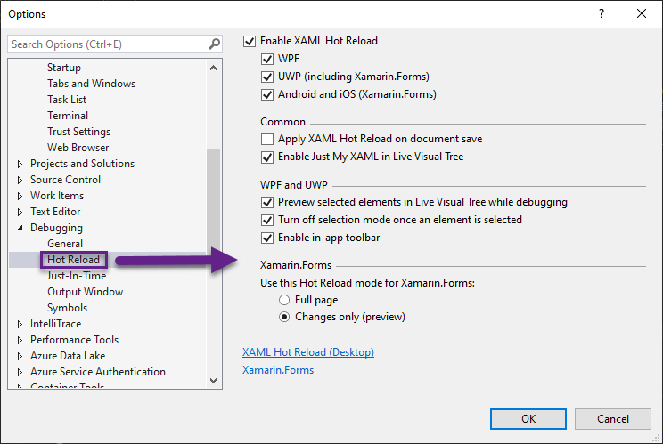 Konsolidierte Einstellungen für XAML Hot Reload