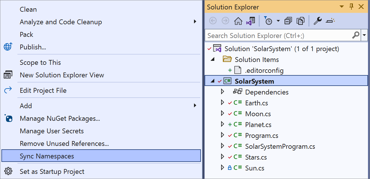 Synchronisieren von Namespaces aus dem Projektmappen-Explorer