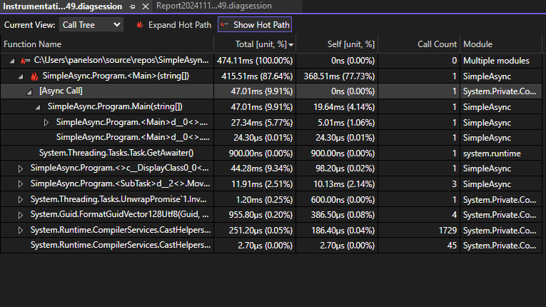 Einheitliche asynchrone Stacks des Profilers