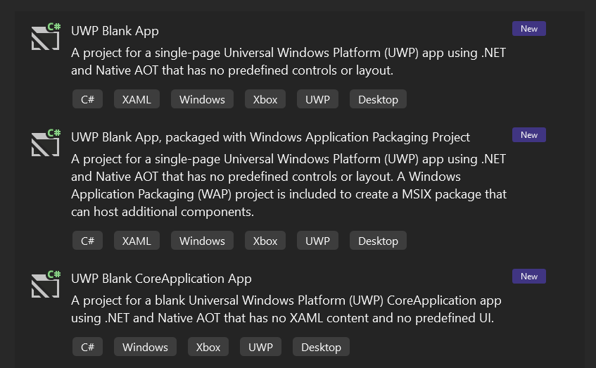 UWP .NET 9-Projektvorlagen