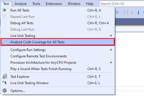 Screenshot: Menü „Test“ mit hervorgehobener Option „Code Coverage analysieren“