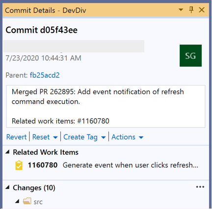 Dialogfeld „Commitdetails“ in Visual Studio