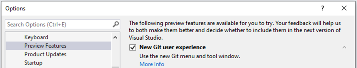 Abschnitt „Vorschaufeatures“ des Dialogfelds „Optionen“ in Visual Studio