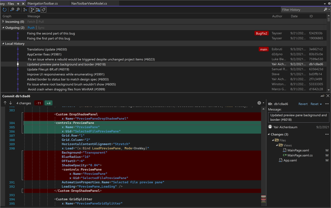 Das Dialogfeld mit den Commitdetails in Visual Studio 2022