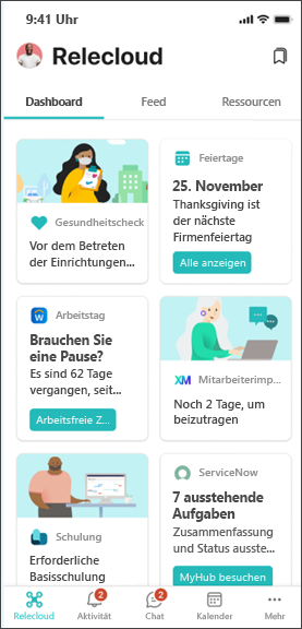 Abbildung des Viva Connections-Dashboards, das für Mitarbeiter in Service und Produktion entwickelt wurde.