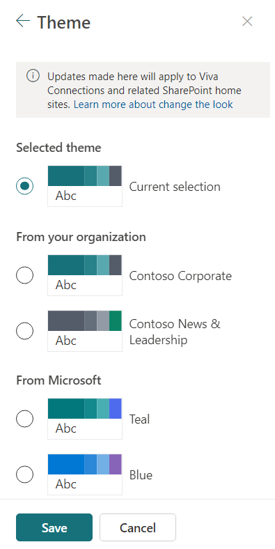 Screenshot mit Beispielen für von der Organisation erstellte Designs und Microsoft-Standarddesigns.