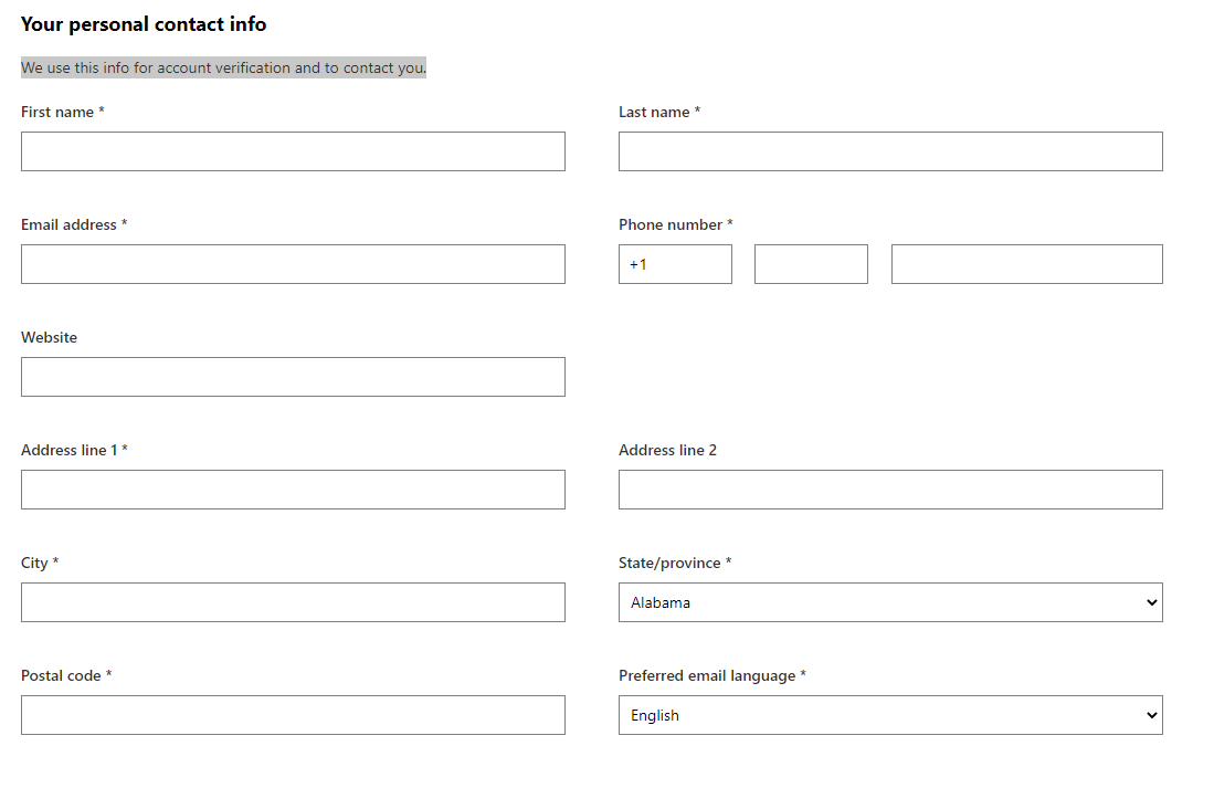 Screenshot des Abschnitts „Ihre persönlichen Kontaktinformationen“ im Anmeldeprozess zum Hardwareentwicklerprogramm.