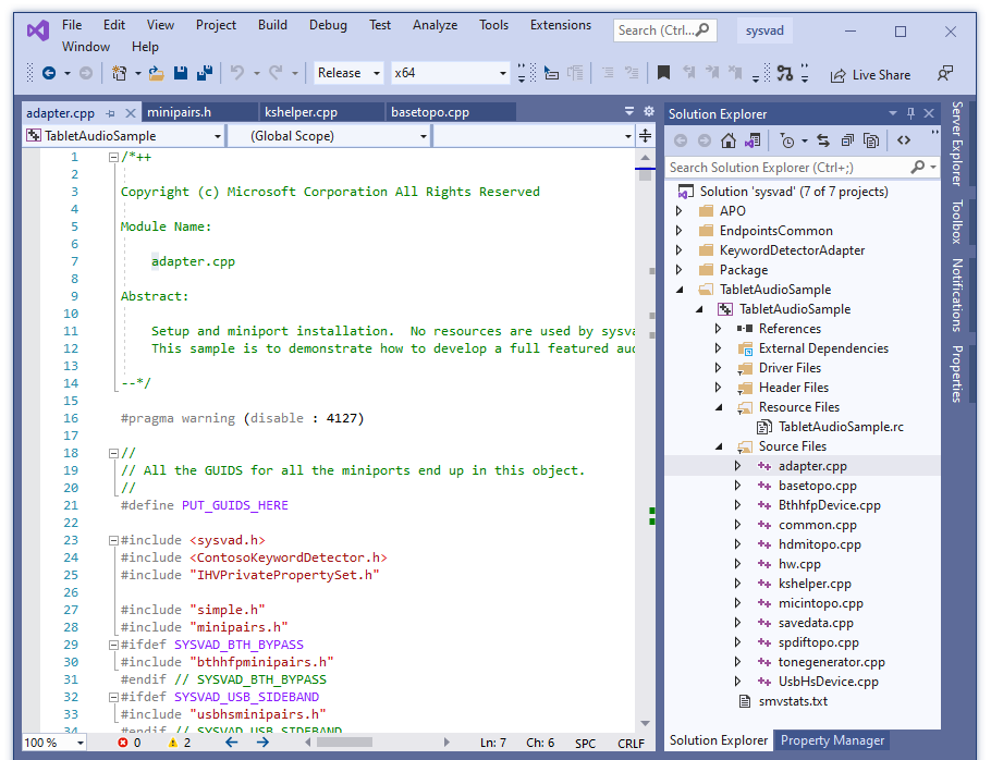 Screenshot von Visual Studio mit der aus dem Sysvad-Projekt geladenen Datei adapter.cpp.