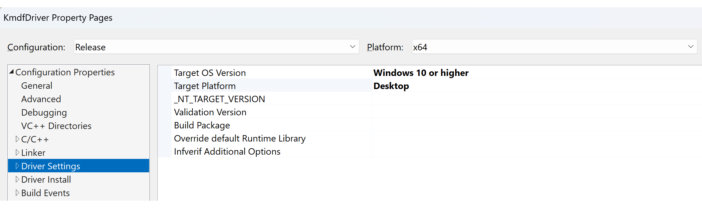 Visual Studio KMDF-Treibereinstellungen.