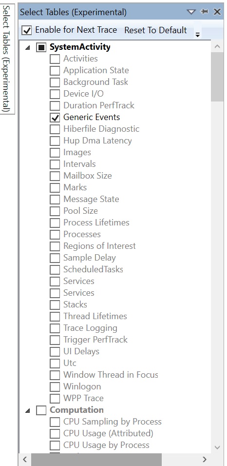 Dialogfeld für die Tabellenauswahl von Windows Performance Analyzer, in dem nur „Generic Events“ unter „SystemActivity“ aktiviert ist