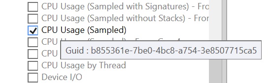 Das Dropdown-Kontrollkästchen „CPU Usage (Sampled)“ ist aktiviert, wobei das GUID-Popup b855361e-7be0-4bc8-a754-3e8507715ca5 anzeigt.