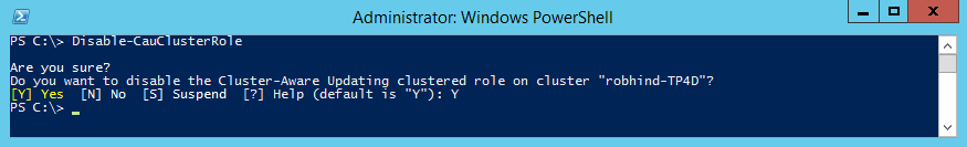 Screencap showing the output of the Disable-CauClusterRole cmdlet