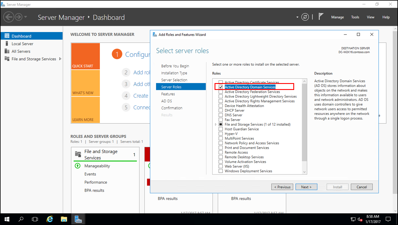 Screenshot of the Select server roles page of the Add Roles and Features Wizard showing the Active Directory Domain Services option highlighted.