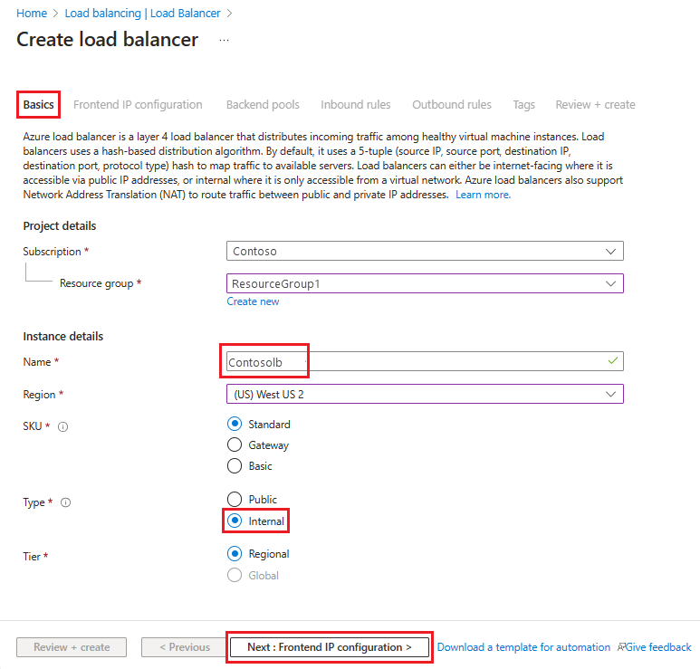 Screenshot, der die Registerkarte „Grundlagen“ zum Erstellen eines Load Balancers zeigt