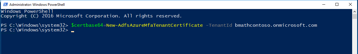 Screenshot des PowerShell-Fensters mit der Ausgabe für New-AdfsAzureMfaTenantCertificate.