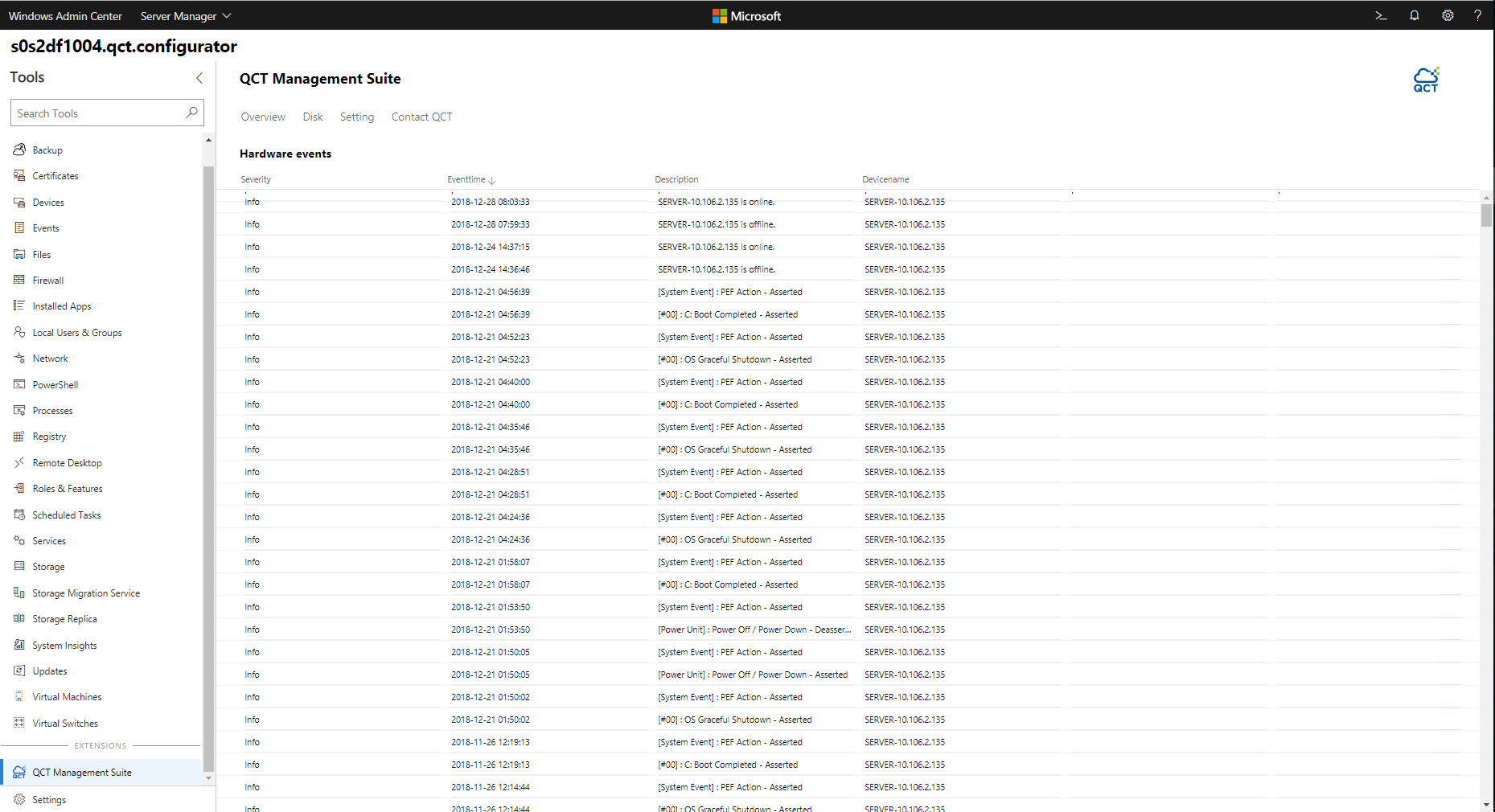 Screenshot of the monitoring tool for hardware event log and health status that is included in the QCT extension.