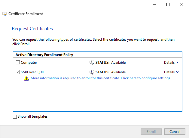 Abbildung der Microsoft Management Console-Zertifikatregistrierung mit ausgewähltem SMB über QUIC.