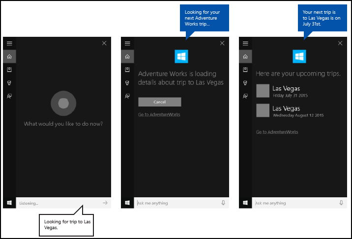 Screenshot der Cortana-Canvas zum Beenden des Cortana-Hintergrund-App-Flusses mithilfe von AdventureWorks anstehender Reise mit Übergabe