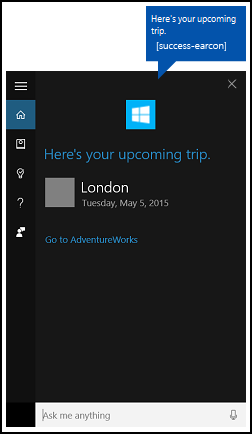 Screenshot des Abschlusses der Cortana-Hintergrund-App für eine bevorstehende Reise