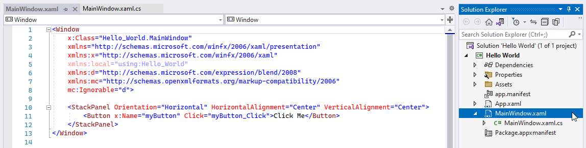 Das XML-Markup der Schaltfläche „Click Me“, das sich in der Markup-Datei Ihres Hauptfensters befindet