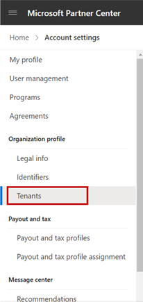 Screenshot der Option „Mandanten“ im Menü Kontoeinstellungen im Partner Center.