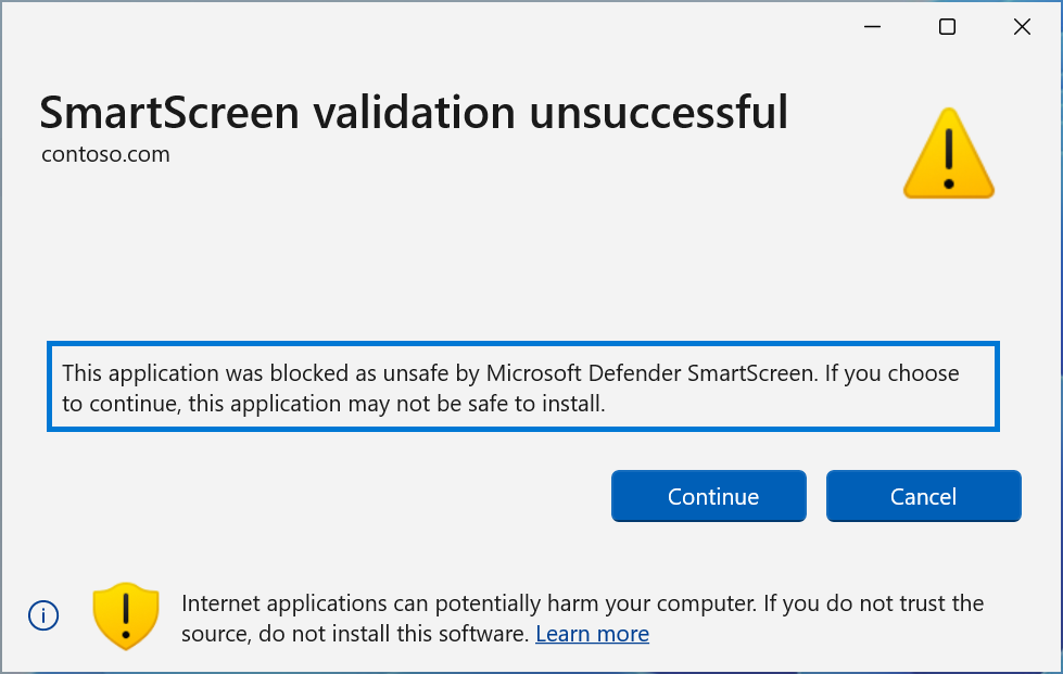 Screenshot eines Microsoft SmartScreen-zuverlässigkeitsbasierten URL-Überprüfungsfehlers. Der Titel des Dialogfelds lautet 