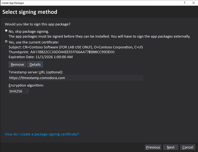 Create Your Packages dialog window shown with Signing