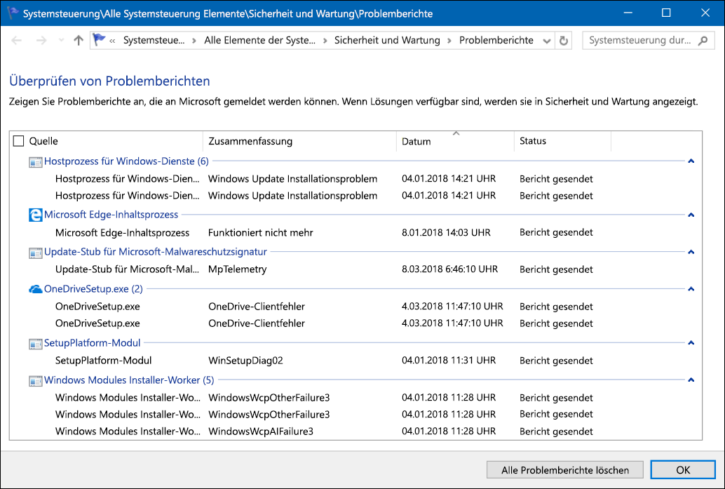 Zeigen Sie das Tool für Problemberichte mit Berichtsstatus an.