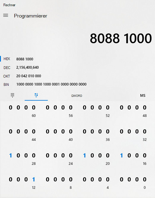 Ein Beispiel für die Rechner-App im Programmierermodus mit einem hexadenzisen Code, der in binär konvertiert wurde.