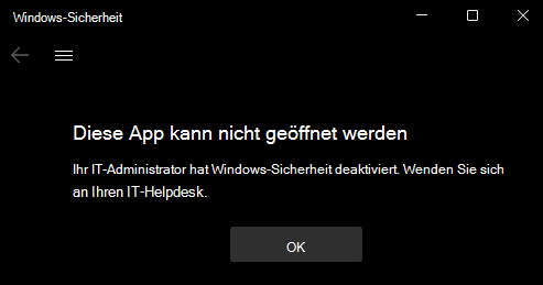 Screenshot: Windows-Sicherheit mit allen Abschnitten, die von der Gruppenrichtlinie ausgeblendet sind